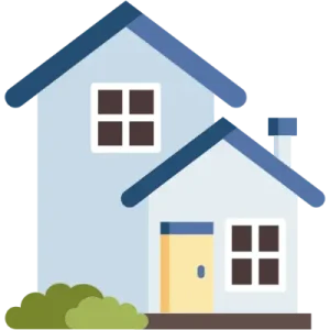 A simple and colorful house icon featuring a light blue two-story home with dark blue roofs, white windows, a yellow door, and green bushes at the base