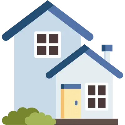A simple and colorful house icon featuring a light blue two-story home with dark blue roofs, white windows, a yellow door, and green bushes at the base