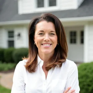 smiling cash buyer in front of rehabbed house